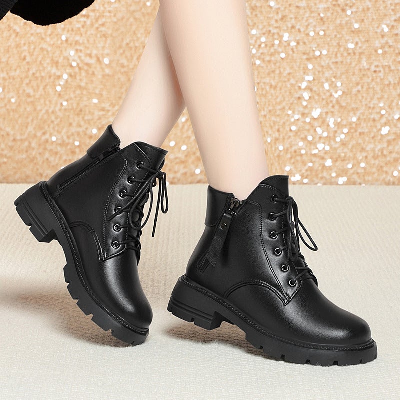 In stock 2023 autumn and winter new women's round toe women's cotton shoes side zipper high heel casual women's shoes mother leather boots - Image 3