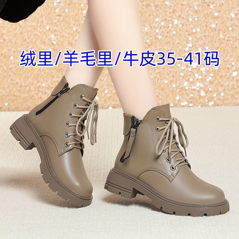 In stock 2023 autumn and winter new women's round toe women's cotton shoes side zipper high heel casual women's shoes mother leather boots - Image 2