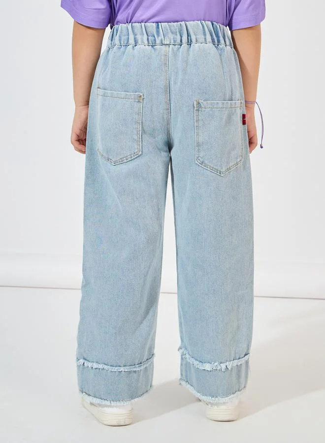 Styli Fake Pocket Heart Decor Wide Leg Jeans