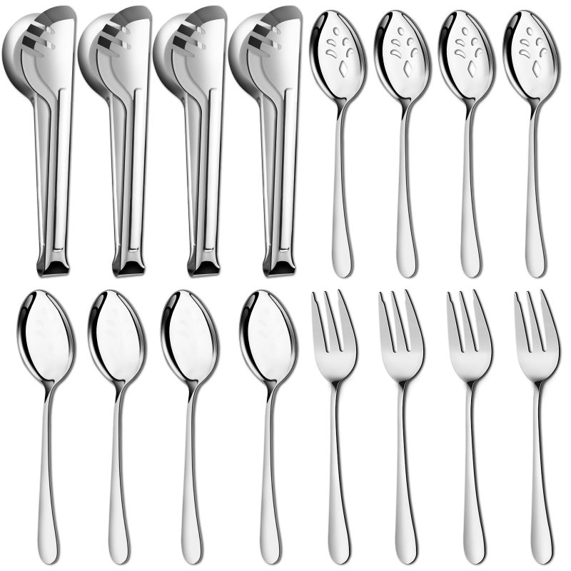 Pleafind 16 PCS Serving Utensils Stainless Steel Serving Utensils Set with Serving Spoons Slotted Serving Spoons Serving Forks and Serving Tongs Serving Utensils for Parties Buffet Banquet