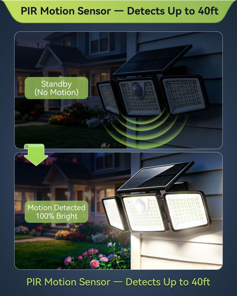أضواء شمسية خارجية من دافينو بقوة 2500 لومن مع مستشعر حركة، 3 رؤوس بزاوية واسعة 270 درجة لأضواء الشوارع والمناطق، إضاءة أمنية مقاومة للماء بمعيار IP65 مع 3 أوضاع (بدون جهاز تحكم عن بعد، قطعتان) - Image 3