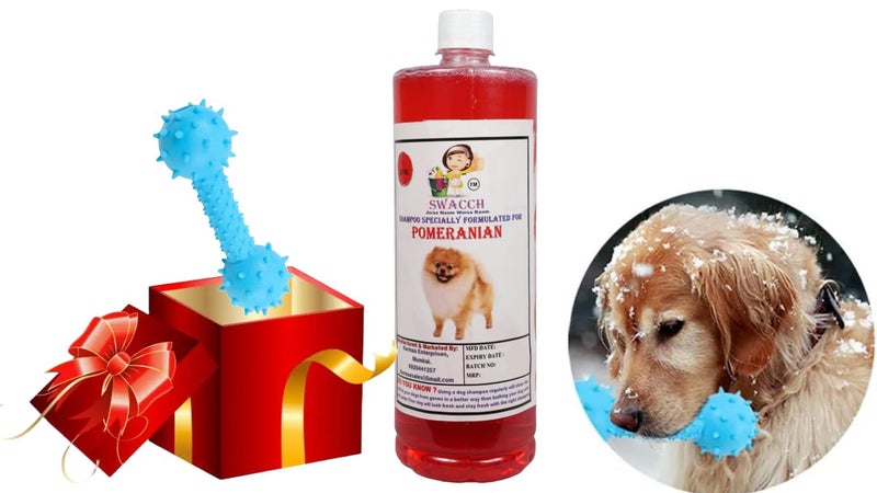 swacch Pomeranian Dog Shampoo + Dumbbell Toy I Durable Rubber Dog Toy for Chewing I Playing,Teeth Cleaning & Training Toy I Combo Pack I 1 Litre Jasmine - Image 1