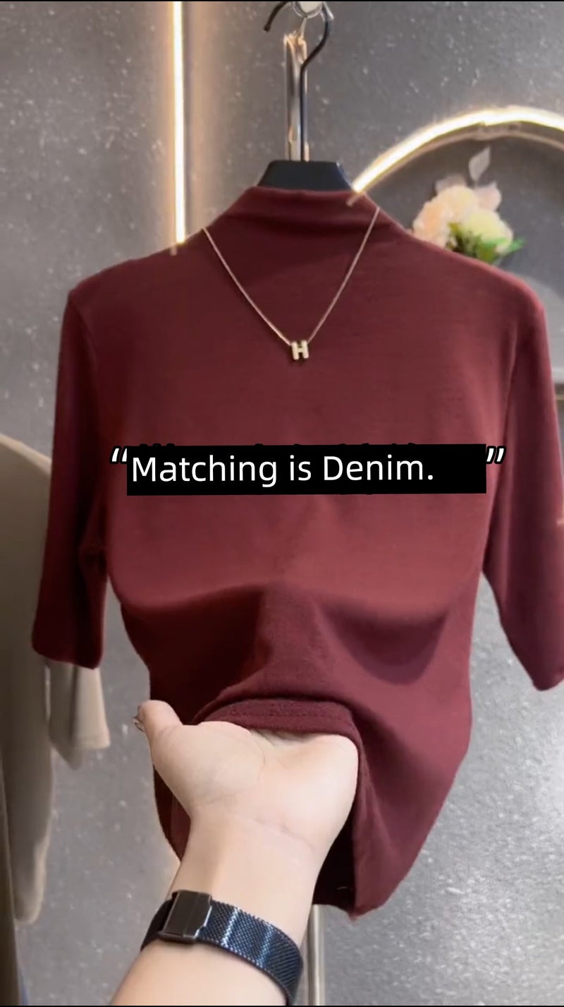 One-piece collar fashion shoulder half-high neck T-shirt, women's high-end feeling, trendy and versatile, slimming temperament, mid-sleeved inner top - Image 1