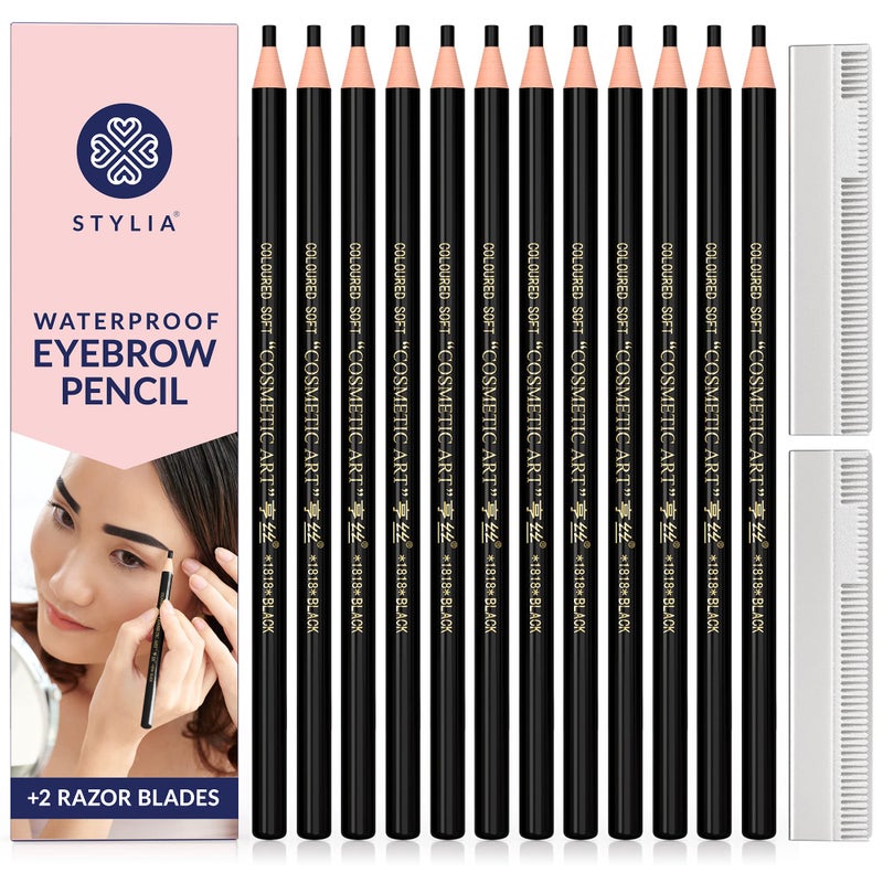 Stylia Waterproof Eyebrow Pencils For Women â€“ Long-Lasting Microblading Supplies Brow Pencil, Perfect for Eyebrow Shaper, Filling & Defining Natural-Looking Brow - (12PC Black) - Image 1