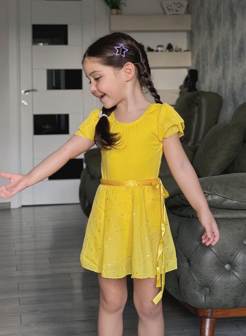 EQSJIU Dance Outfits Bright Yellow Leotards with Skirt Gymnastics Leotards for Girls Majorette Dance Uniforms 11-12 Years - Image 4