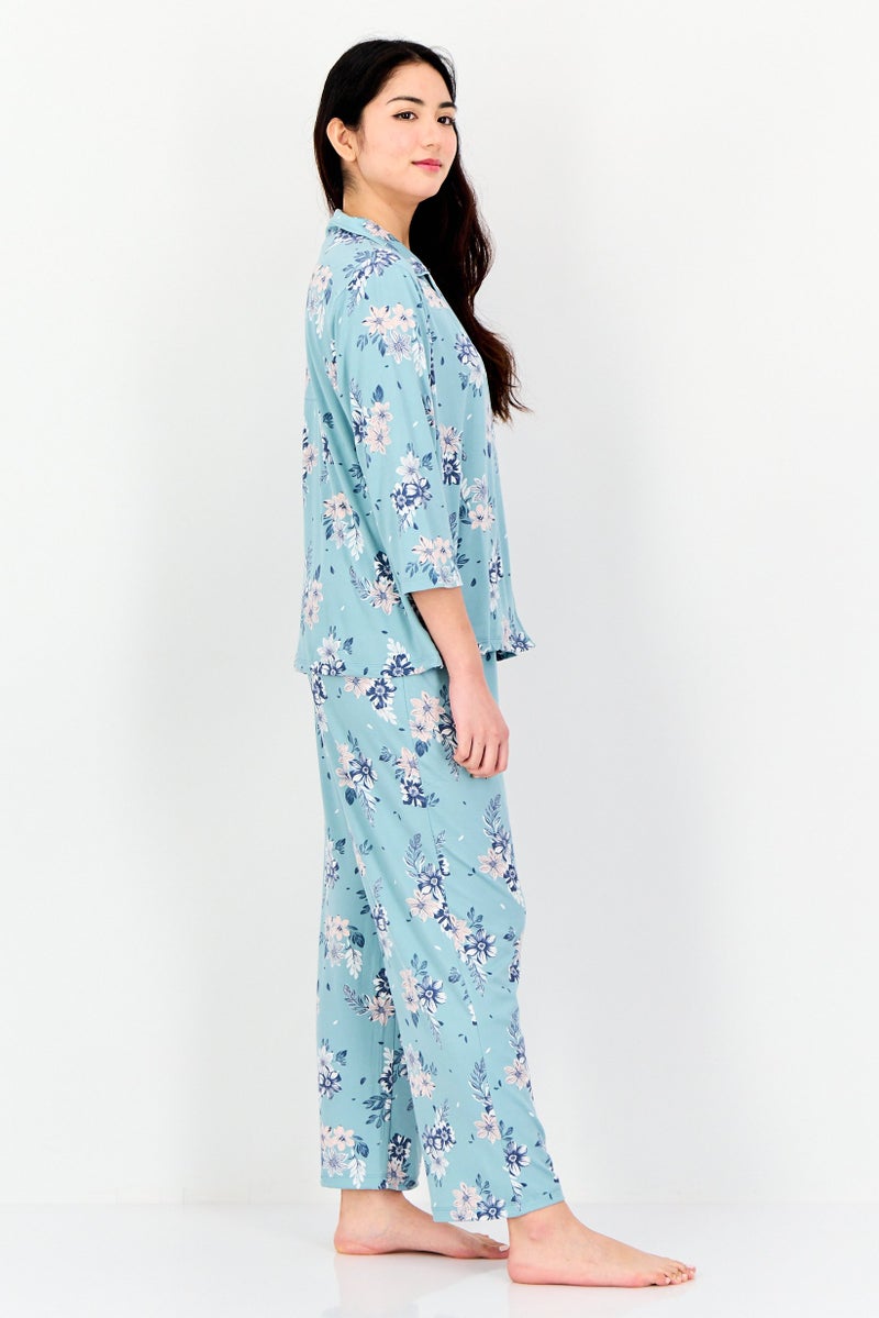 Jones New York Women 2 Pcs Floral Print Top And Pyjamas Sleepwear Set, Multicolor - Image 3