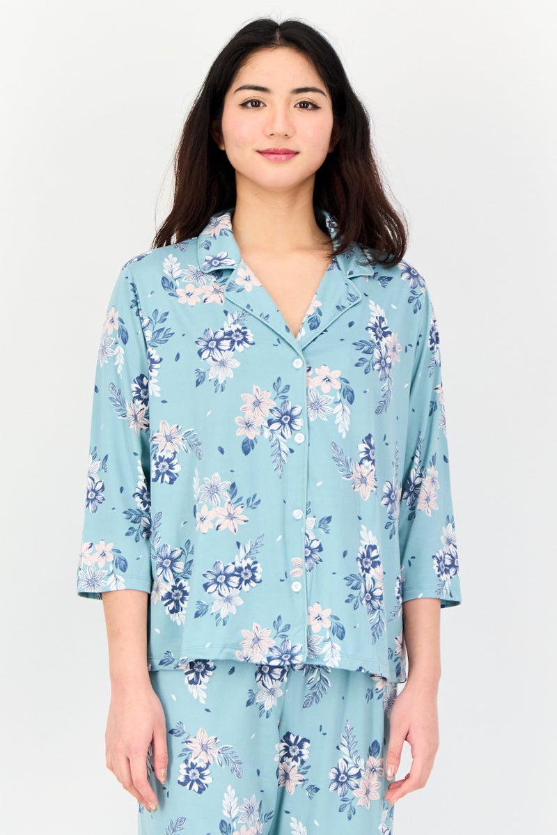 Jones New York Women 2 Pcs Floral Print Top And Pyjamas Sleepwear Set, Multicolor - Image 2