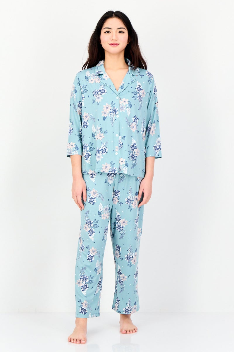 Jones New York Women 2 Pcs Floral Print Top And Pyjamas Sleepwear Set, Multicolor - Image 1