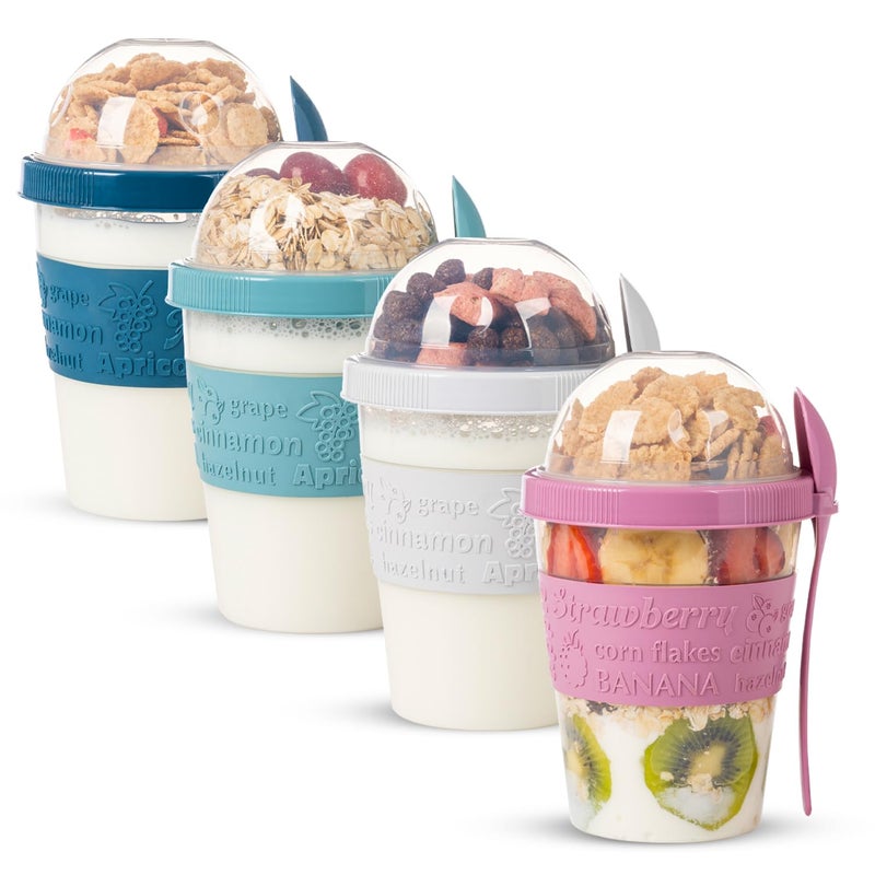 EYNEL 4 Pack Reusable On The Go Yogurt Parfait Cups, Breakfast Plastic Containers with Lids and Spoons, Perfect Jars for Overnight Oats Cereal Granola Oatmeal Smoothies and Snack Prep - Image 1