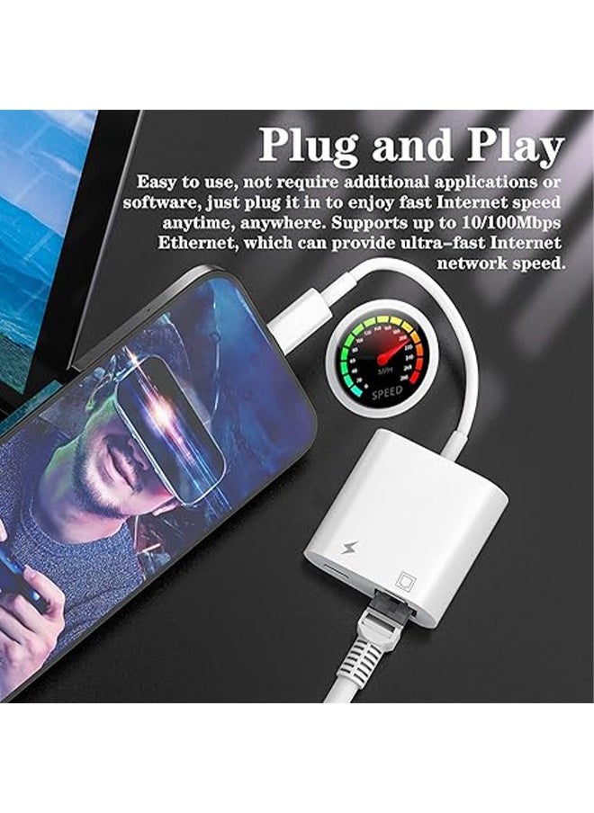 AOLION - Lightning to Ethernet Adapter 2 in 1 RJ45 Ethernet LAN Network Adapter with Charge Port Compatible with iPhone/iPad/iPod Plug and Play Supports 100Mbps Ethernet Network White - Image 1