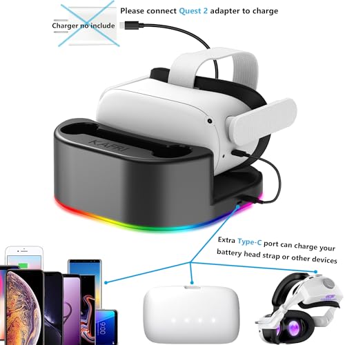 KAFRI Charging Dock for Meta/Oculus Quest 3/3s/2 Headset, VR Accessories Charger Station with RGB Light, Display Stand and 2 USB C Charger for Head Strap or Other Devices, Gamer Gift for Men Boyfriend - Image 4
