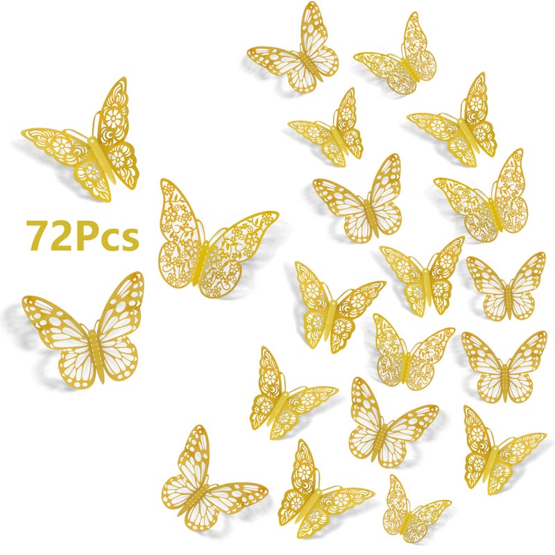 SAOROPEB 3D Butterfly Wall Stickers, 72Pcs 3 Sizes 3 Styles, Removable Metallic Wall Decals Fridge Sticker Room Mural Decoration for Kids Bedroom Nursery Classroom Party Wedding Decor DIY Gift (Gold) - Image 1