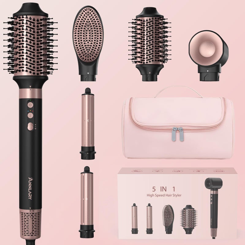 Annlary 5 in 1 Ionic Hot Air Styler, 1400W Powerful Hair Dryer Brush, Auto-Wrap Curlers, Paddle Brush for Fast Drying, Volumizing with Travel & Storage Bag - Image 1