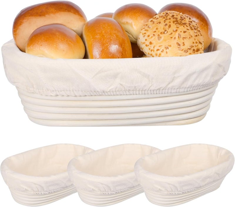Four Rattan Oval Proofing Baskets With Cloth Liners, Excellent For Sourdough Baking In Home And Restaurant Kitchens, 9.8 X 5.9 X 3.1 Inches, Easy Care - Image 1