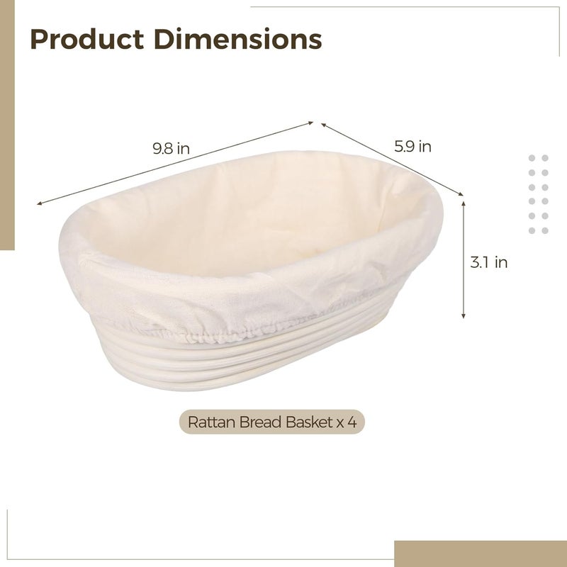 Four Rattan Oval Proofing Baskets With Cloth Liners, Excellent For Sourdough Baking In Home And Restaurant Kitchens, 9.8 X 5.9 X 3.1 Inches, Easy Care - Image 3