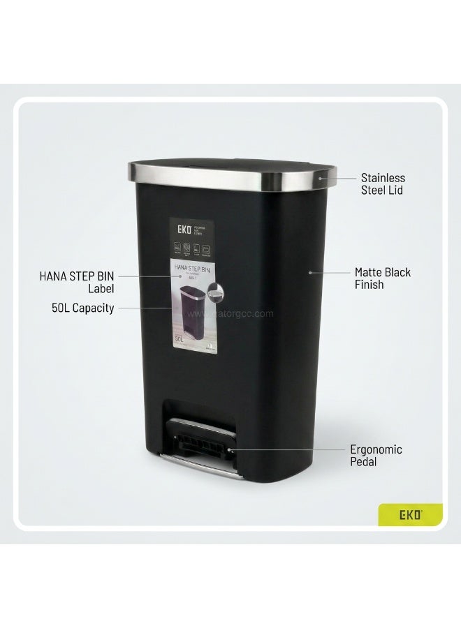 EKO Hana Step Bin K-50 | Hands-Free Pedal Waste Bin | Soft Close Lid | Stainless Steel Rim | 50L | Black - Image 2