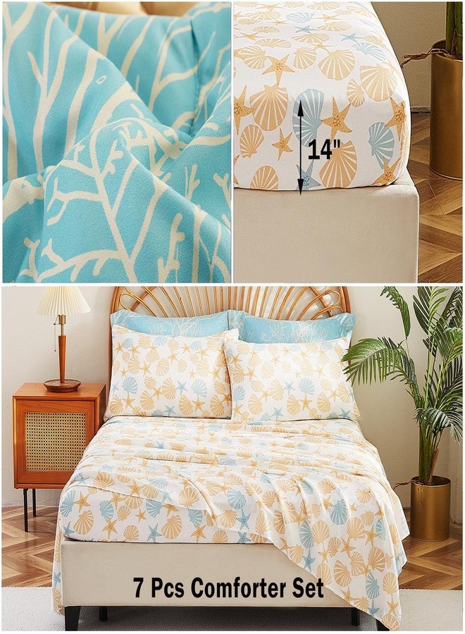 Cmfshape Blue Coastal Queen Size Comforter Set 7 Pieces,Starfish Printed Bedding Bed in A Bag,Soft Microfiber Comforter with Sheet Sets,Pillowcases&Shams for All Season,90x90 - Image 4