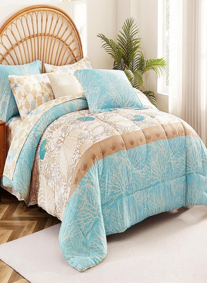 Cmfshape Blue Coastal Queen Size Comforter Set 7 Pieces,Starfish Printed Bedding Bed in A Bag,Soft Microfiber Comforter with Sheet Sets,Pillowcases&Shams for All Season,90x90 - Image 1