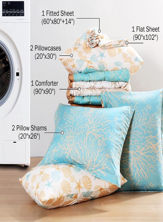 Cmfshape Blue Coastal Queen Size Comforter Set 7 Pieces,Starfish Printed Bedding Bed in A Bag,Soft Microfiber Comforter with Sheet Sets,Pillowcases&Shams for All Season,90x90 - Image 3