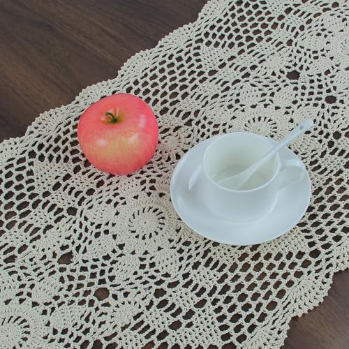 kilofly Handmade Crochet Lace Rectangular Table Runner 15 x 71 Inch, Beige - Image 5