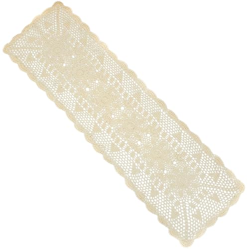 kilofly Handmade Crochet Lace Rectangular Table Runner 15 x 71 Inch, Beige - Image 1