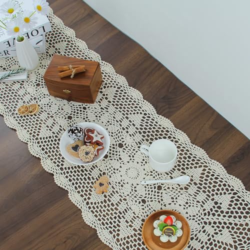 kilofly Handmade Crochet Lace Rectangular Table Runner 15 x 71 Inch, Beige - Image 3