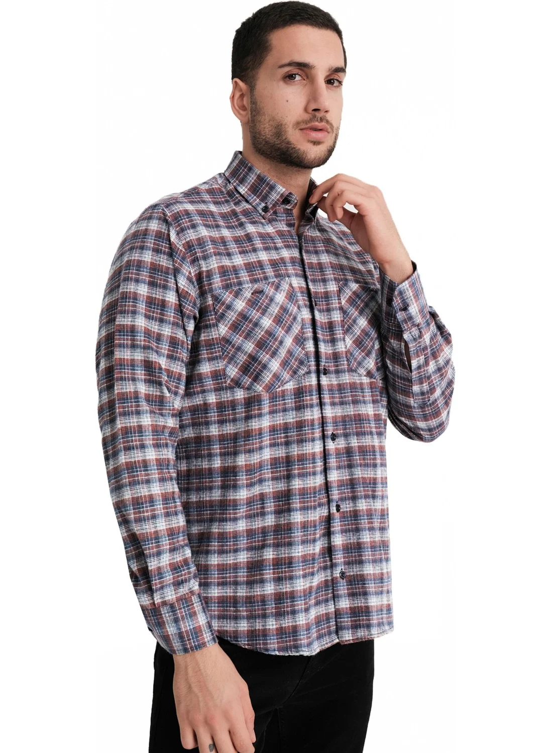 Varetta Men's Double Pocket Blue Winter Classic Cut Collar Buttoned Shirt