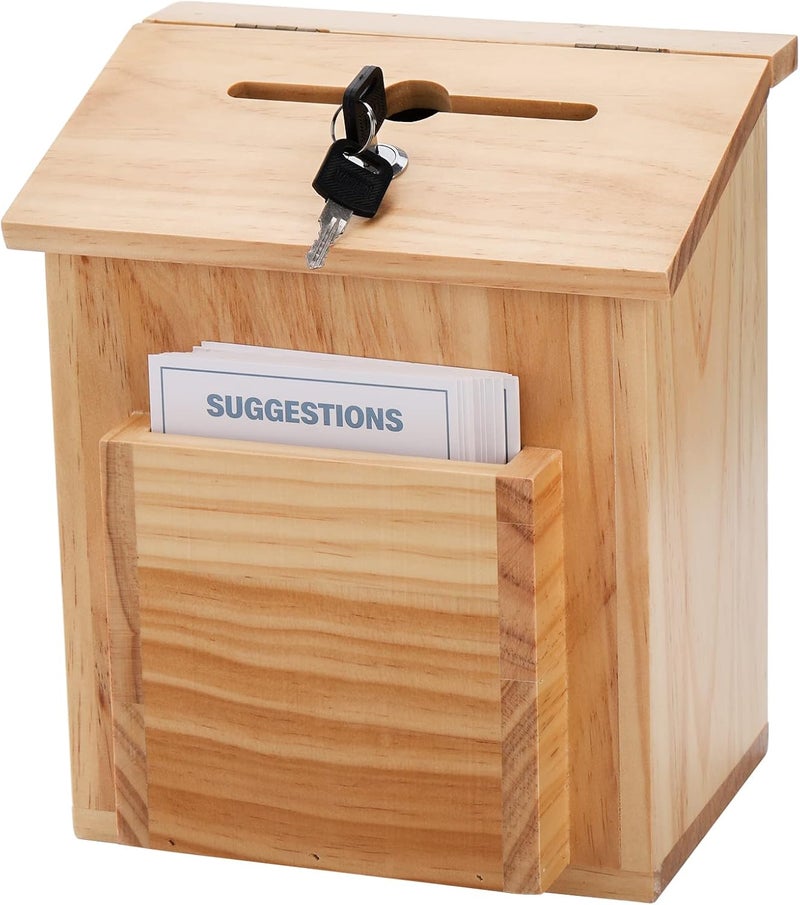 ZENFUN Wooden Suggestion Box with 50 Free Suggestion Cards, Natural Pinewood Ballot Comment Box Donation Box with Locking Hinged Lid for Countertop or Wall Mounted, 8.6" x 6.8" x 10" - Image 1