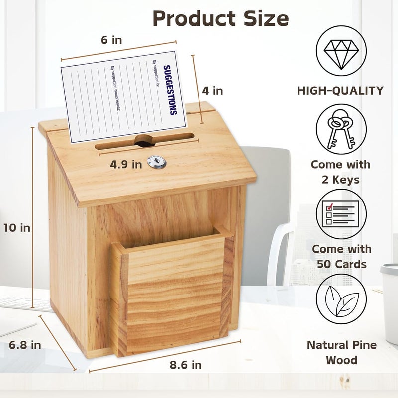 ZENFUN Wooden Suggestion Box with 50 Free Suggestion Cards, Natural Pinewood Ballot Comment Box Donation Box with Locking Hinged Lid for Countertop or Wall Mounted, 8.6" x 6.8" x 10" - Image 2