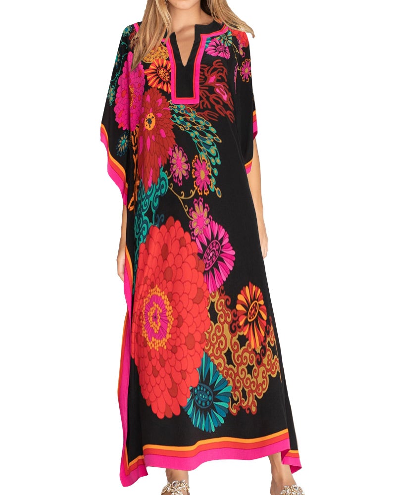 Eddoyee Kaftan Dresses for Women Batwing Sleeve Caftans Plus Size V Neck Beach Cover Up - Image 1