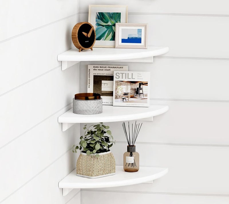 UHUD CRAFTS Corner Floating Shelves for Wall Decor Set of 3, Wall Mounted Rounded Corner Book Shelves for Kids Bedroom & Books, Decorative Storage Shelf for Bathroom & Living Room Decor - White - Image 1