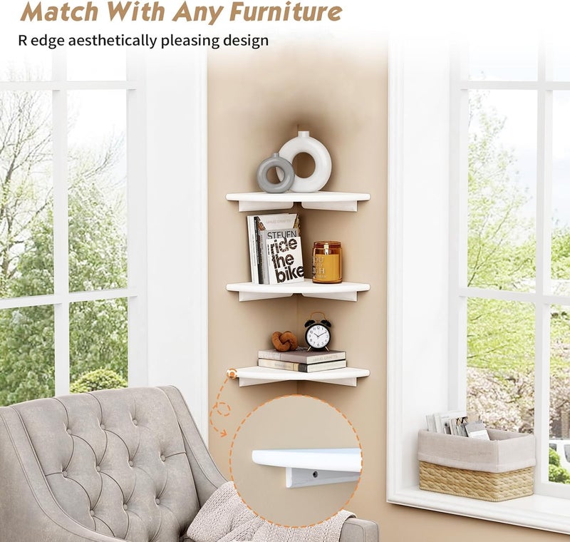 UHUD CRAFTS Corner Floating Shelves for Wall Decor Set of 3, Wall Mounted Rounded Corner Book Shelves for Kids Bedroom & Books, Decorative Storage Shelf for Bathroom & Living Room Decor - White - Image 4