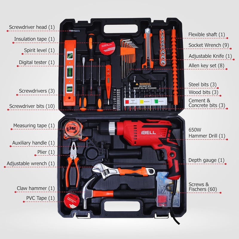 آي بيل طقم مثقاب تأثير iBELL IBL TD13-100 بقوة 650 واط مع 115 ملحقًا | ظرف أوتوماتيكي 13 مم | سرعة متغيرة | أمامي/خلفي | صندوق BMC | حفر الخشب والمعادن والخرسانة | مجموعة أدوات منزلية للعمل اليدوي - Image 2