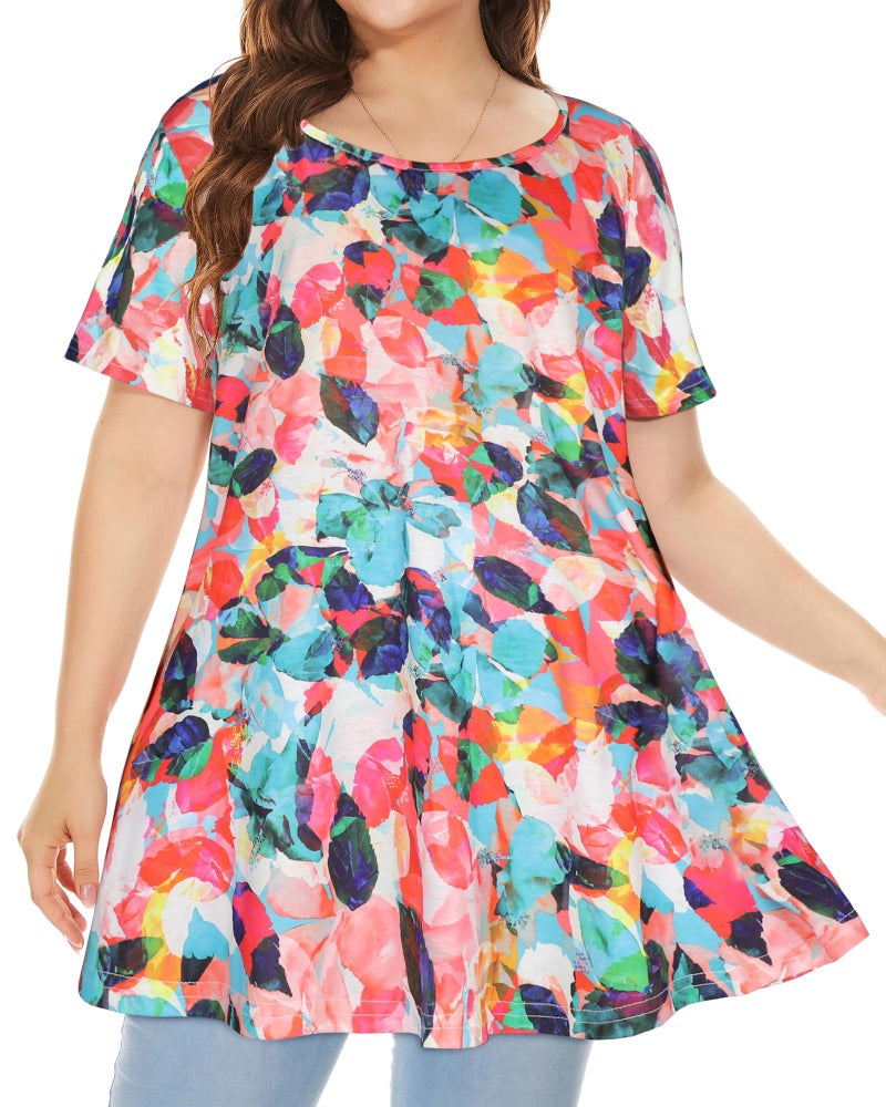 JOELLYUS Plus Size Tops for Women Tunic Floral Casual Short Sleeves Tee-Shirts(CRLF,4XL) - Image 3