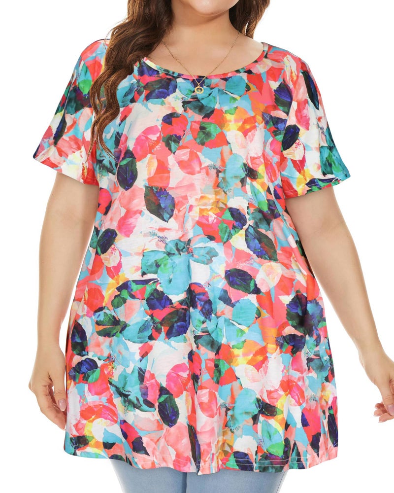 JOELLYUS Plus Size Tops for Women Tunic Floral Casual Short Sleeves Tee-Shirts(CRLF,4XL) - Image 4