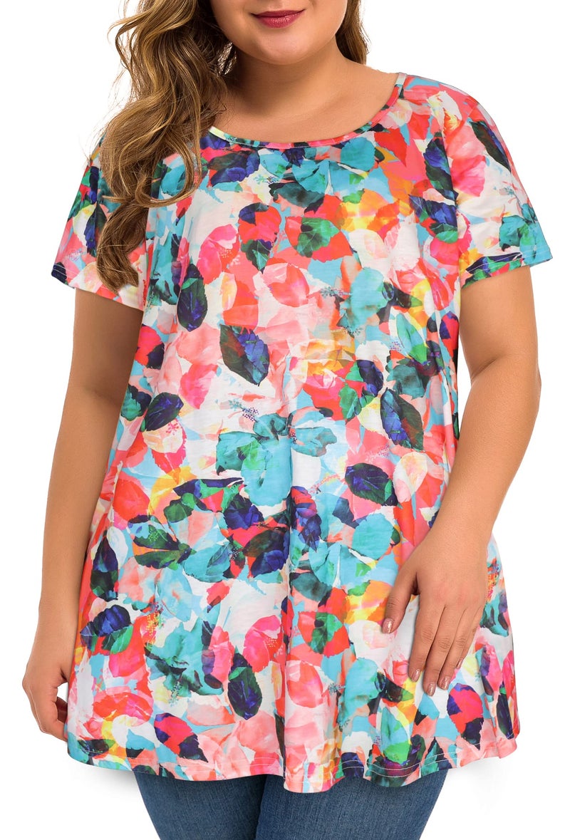 JOELLYUS Plus Size Tops for Women Tunic Floral Casual Short Sleeves Tee-Shirts(CRLF,4XL) - Image 5