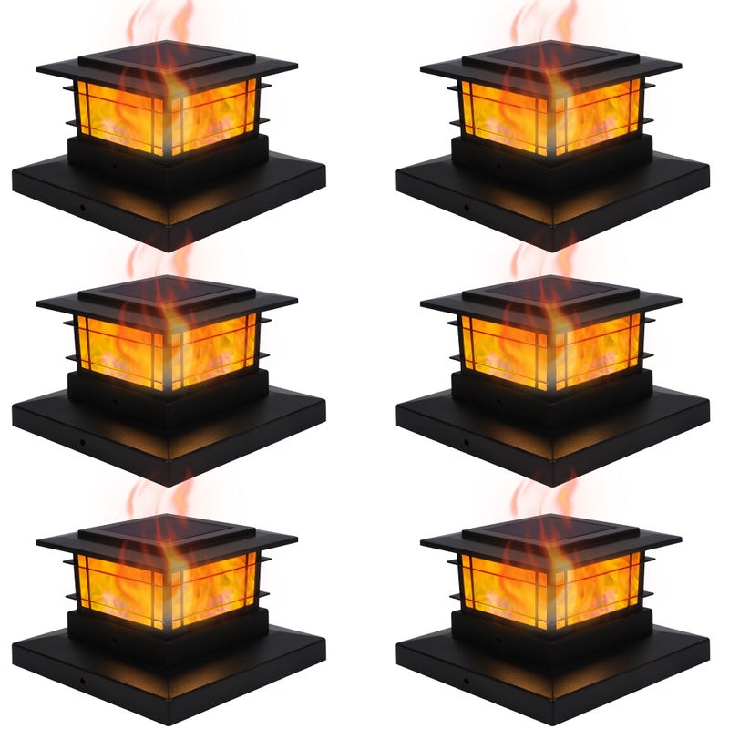 Dynaming 6 Pack Solar Post Cap Lights Outdoor with Flickering Flame Light, Fence Post Solar Lights Fit for 4x4 5x5 6x6 Vinyl/Wooden Posts, High Brightness SMD LED Lighting Decor for Garden Deck Patio - Image 1