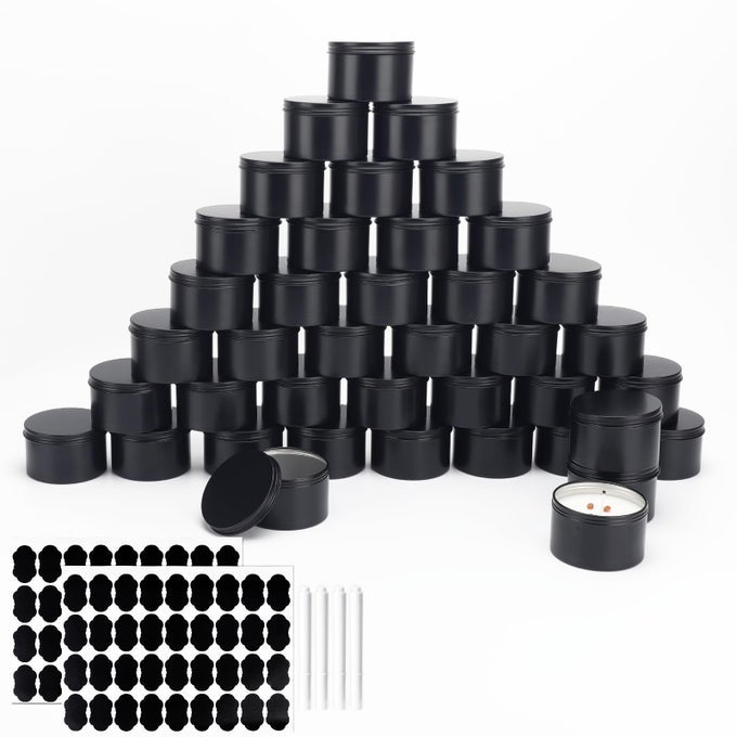 42 PACK ROUND CANS WITH SCREW LID 7 OZ ALUMINUM METAL TINS DIY FOOD CANDLE CONTAINERS FOR LOTION BARS BALMS SALVE SPICES BEARD BALM CRAFTS WITH 4 MARKERS 6 SHEETS LABEL STICKERS BLACK