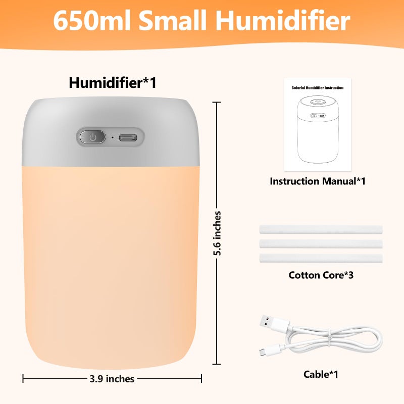 BAMCOO Portable Small Humidifier, 650ml Colorful Mini Humidifier for Bedroom, Office Desktop, Baby Room, Plants, Cool Mist Humidifiers(Light Gray) - Image 2