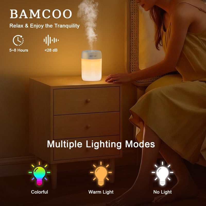 BAMCOO Portable Small Humidifier, 650ml Colorful Mini Humidifier for Bedroom, Office Desktop, Baby Room, Plants, Cool Mist Humidifiers(Light Gray) - Image 3