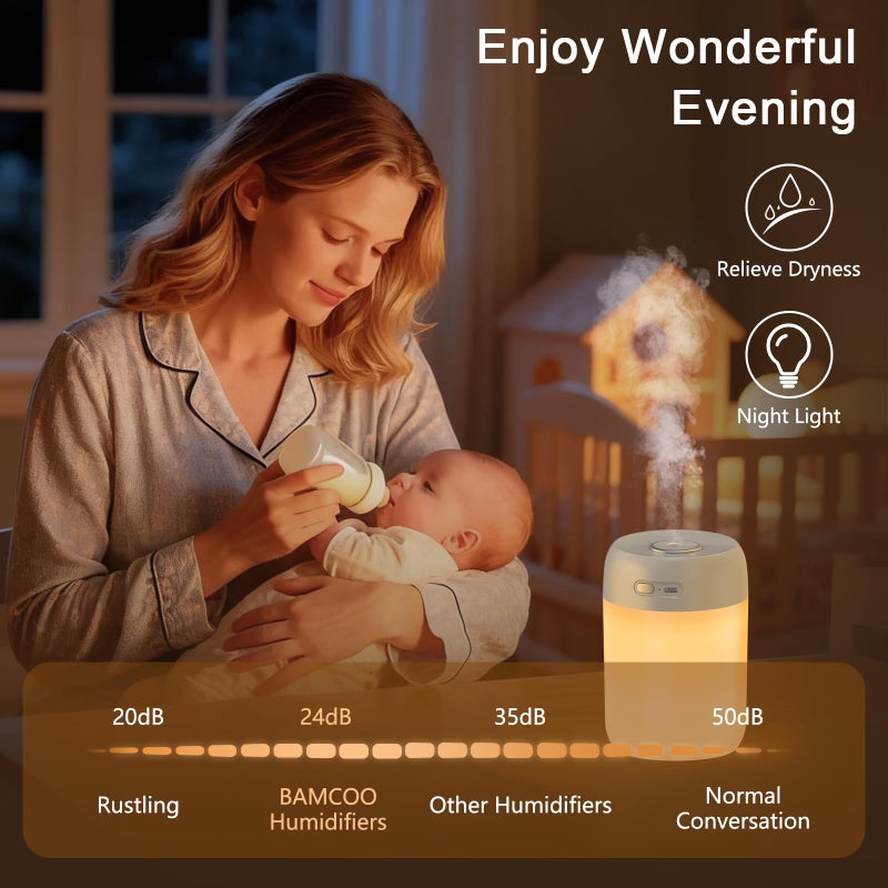 BAMCOO Portable Small Humidifier, 650ml Colorful Mini Humidifier for Bedroom, Office Desktop, Baby Room, Plants, Cool Mist Humidifiers(Light Gray) - Image 4