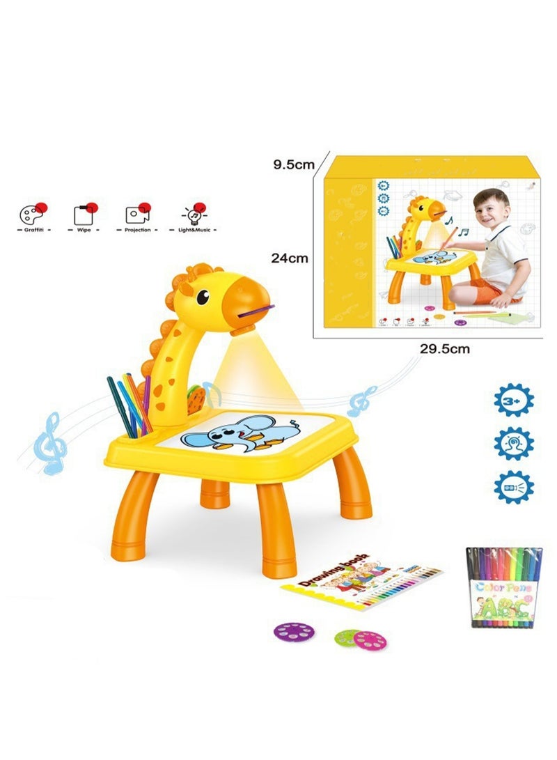 طاولة عرض على شكل زرافة صفراء، جهاز عرض للرسم للأطفال مع مصباح يدوي، لعبة عرض شرائح، طاولة رسم تتبعية مع موسيقى خفيفة، مناسبة لهدايا ألعاب تعلم الفن المبكر - Image 2