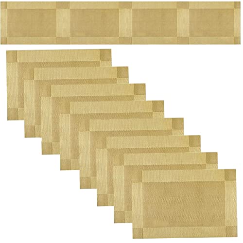 TASKHOUSE Placemats with Table Runner Set Woven Vinyl Heat Resistant Washable Tablemat for Dining Table (1 Table Runner and 8 Placemats - Gold) - Image 1