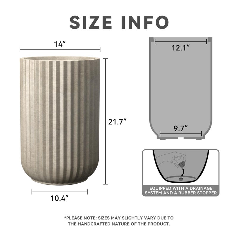 Kante Tall Fulted Planter, 21.7 Inch Tall Round Concrete Plant Pots with Drainage Hole and Rubber Plug, Modern Decor for Indoor Outdoor Plants, Flower, Weathered Concrete - Image 2