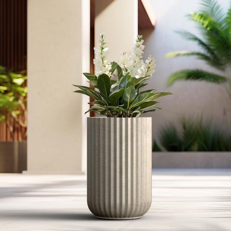 Kante Tall Fulted Planter, 21.7 Inch Tall Round Concrete Plant Pots with Drainage Hole and Rubber Plug, Modern Decor for Indoor Outdoor Plants, Flower, Weathered Concrete - Image 4