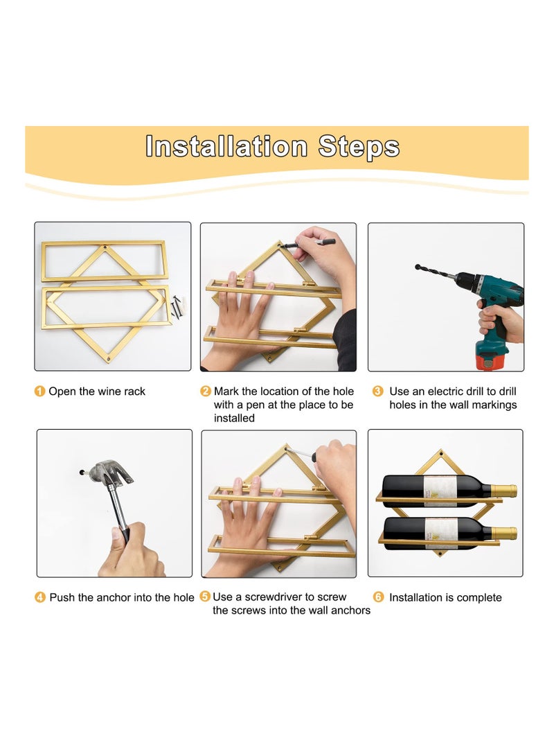 SYOSI حامل نبيذ معدني مثبت على الحائط، حامل نبيذ قابل للطي محدث معلّق على الحائط منظم لزجاجتين من المشروبات، شماعة عرض زجاجة نبيذ مع براغي لتزيين حائط المطبخ في المنزل - Image 4
