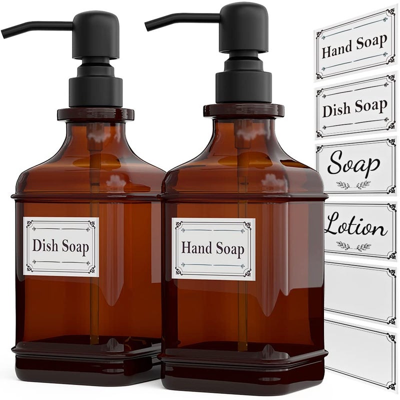 GLADPURE Soap Dispenser 2 Pack Hand Soap Dispensers with 18 Oz Antique Design Thick Amber Glass Bottle 316 Rust Proof Stainless Steel Black Pump 6Pcs Stickers for Lotion Soap Essential Oil