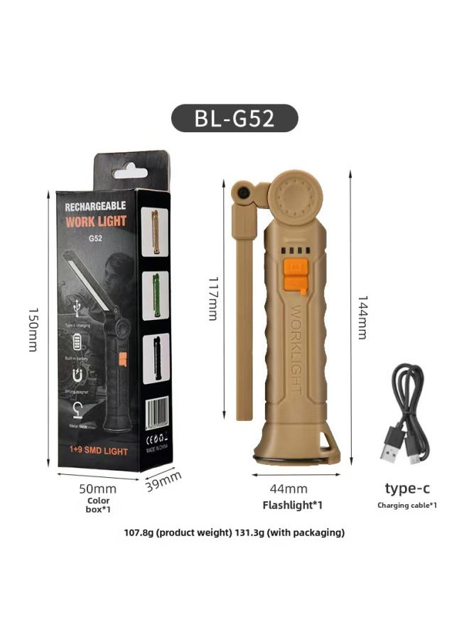Multifunctional COB Magnet Auto Repair LED Work Light Red Light Warning Light Strong Light Flashlight Car Repair Work Light-Color:G52-khaki Large Size Without Red Light - Image 1