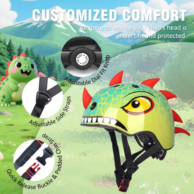 Anharluka Kids Toddler Bike Helmet with Dinosaur 3D Design, Adjustable Lightweight for Child Infant Baby, Multi-Sports Helmet for Bicycle Scooter Skateboard, 2 Sizes for Age 1-3-5 Years Boys Girls (Green S) - Image 3
