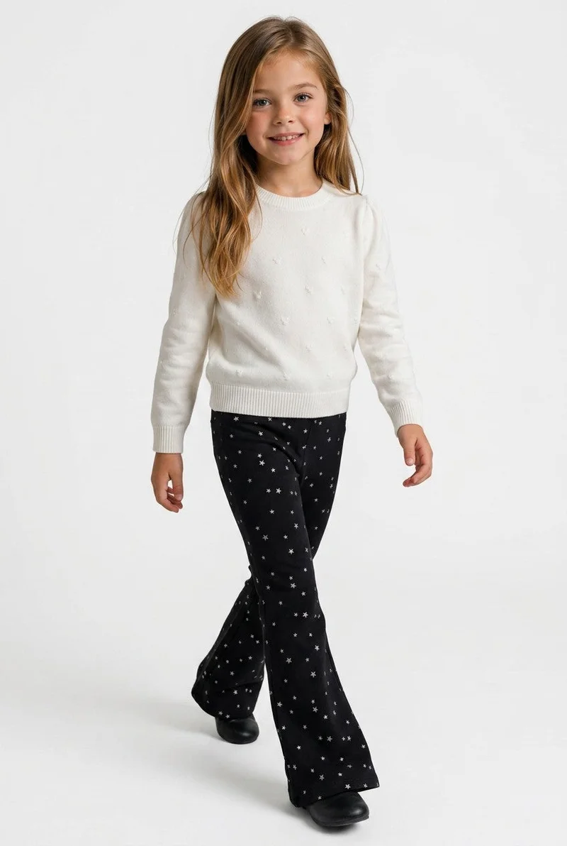 او في اس OVS Black Flared Stretch-Cotton Star-Print Trousers For Girls